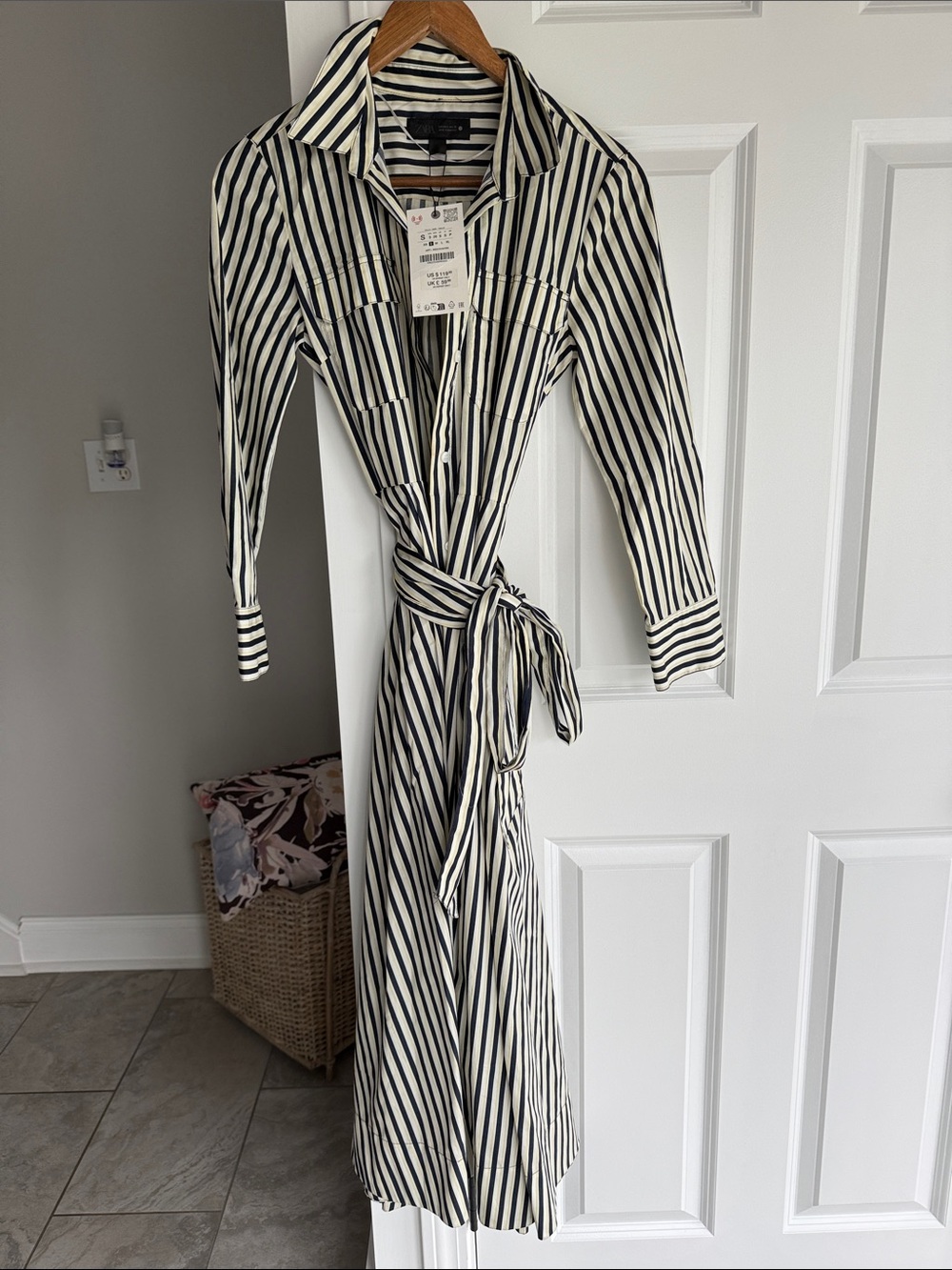 Zara Black & White Striped Tie-Waist Maxi Dress
